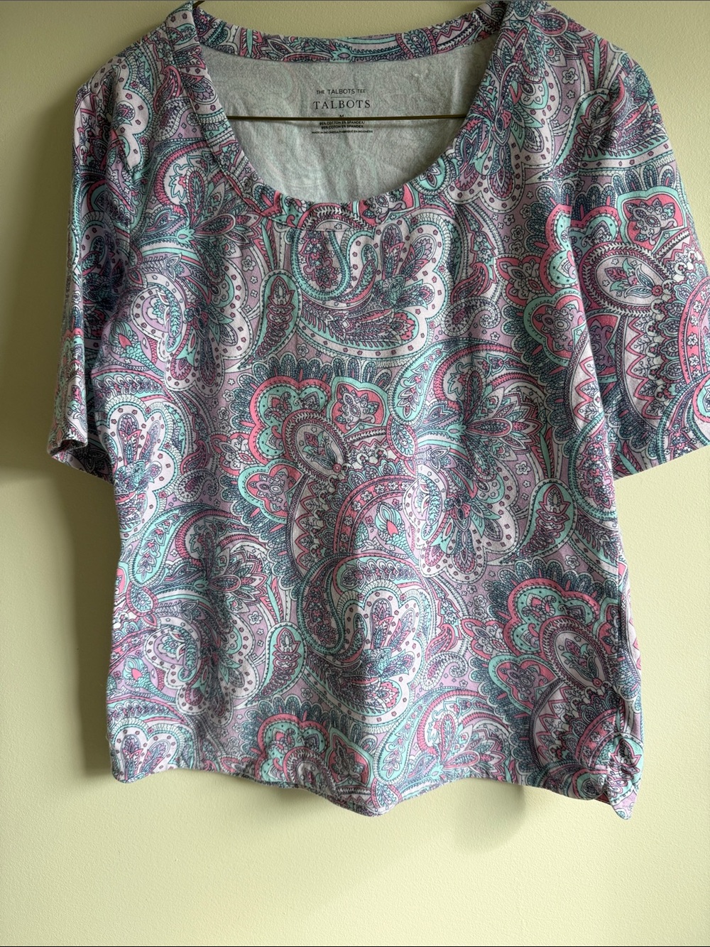 Talbots Pink Paisley Scoop Neck Short Sleeve Top with Teal Accents